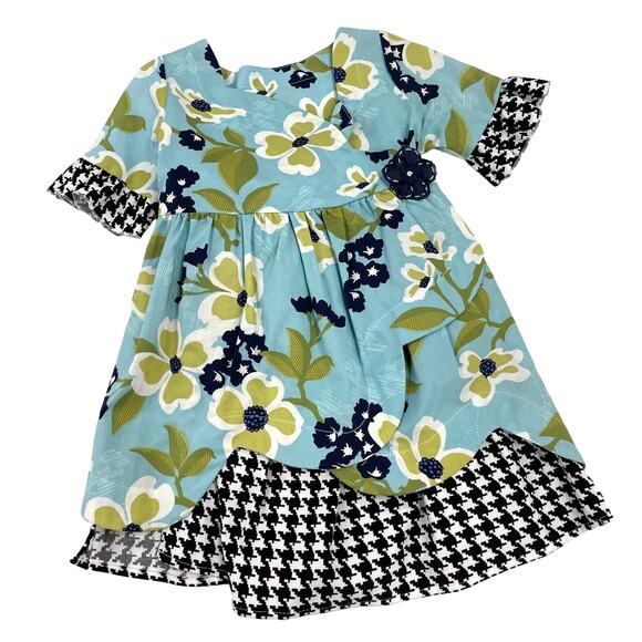 A La Modish Girls Blue & Green Floral Print Houndstooth Tie Dress 3 - Picture 1 of 2
